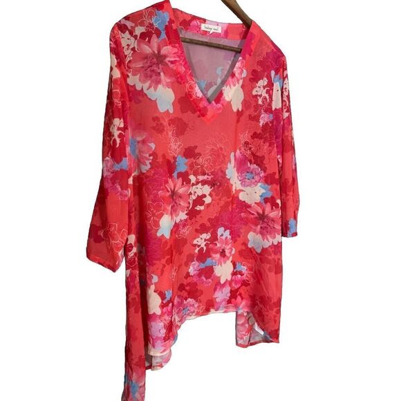 Women's XL Semi Sheer Asymmetric Hem 3/4 Sleeves Shark Bite Boho Tropical Floral - Picture 1 of 4